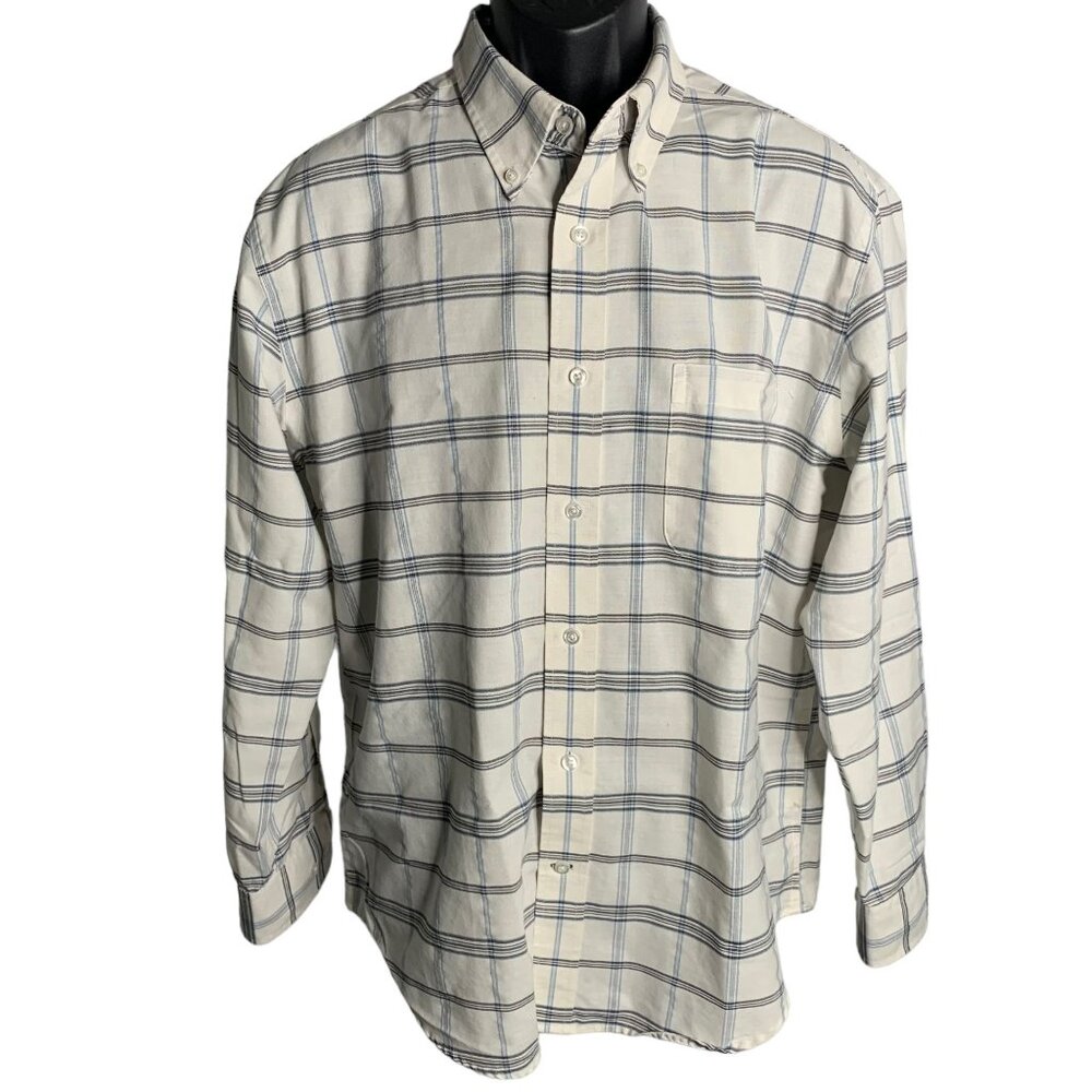 St Johns Bay Iron Free Button Down Shirt L White Checkered Pocket Long Sleeves